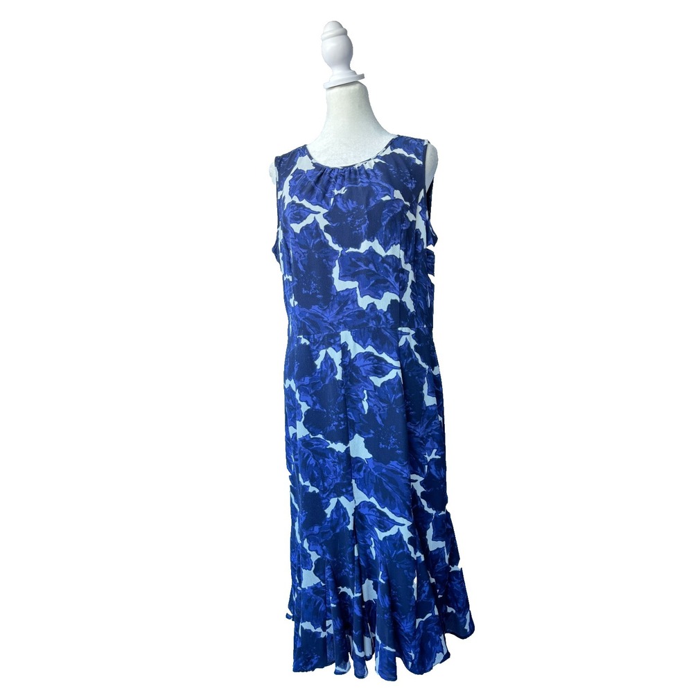 Talbots Fit Flare Midi Dress Size 12P Petite Blue Floral Sleeveless Lined Office